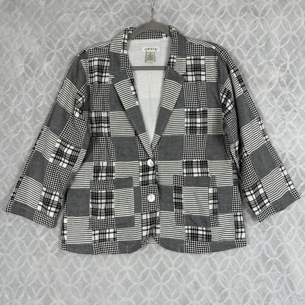 Orvis Madras Patchwork Blazer Womens Med Black White Plaid Jacket Preppy Casual